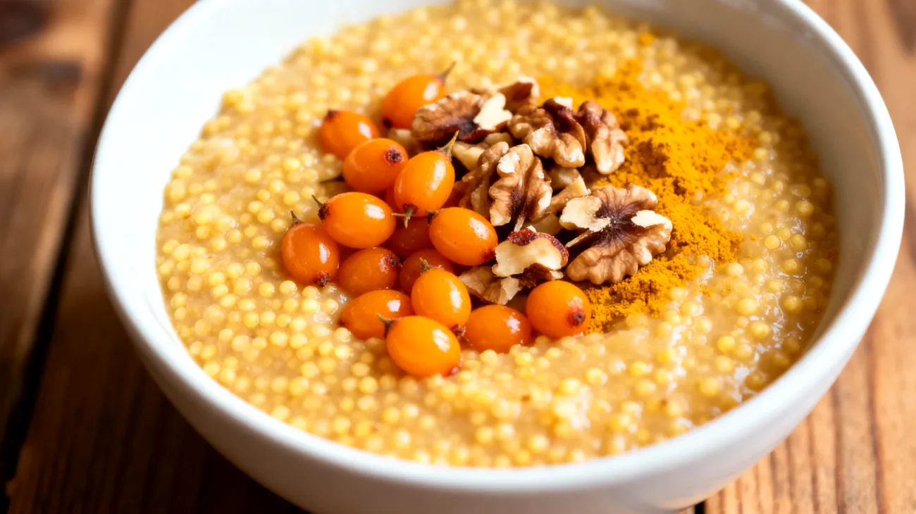 Sanddorn-Hirse-Porridge mit Walnüssen und Kurkuma"